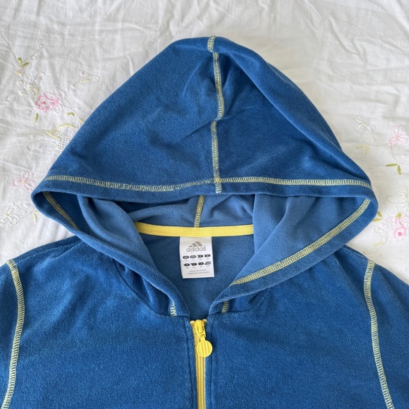 RARE Adidas Blue Hooded Terry Cloth Sweater with Yellow Accents - Picture 6 of 10